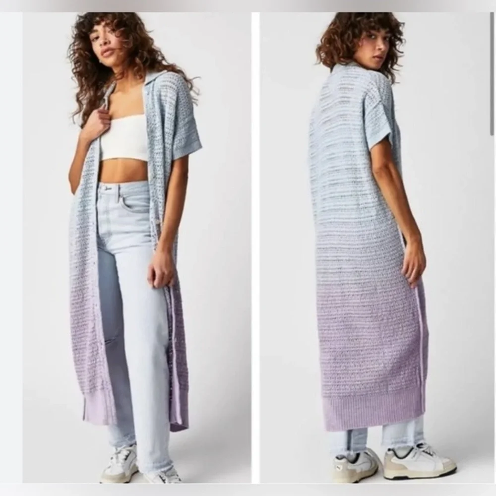 Free People we the free Alicia blue purple ombre Crochet duster Cardigan size XS